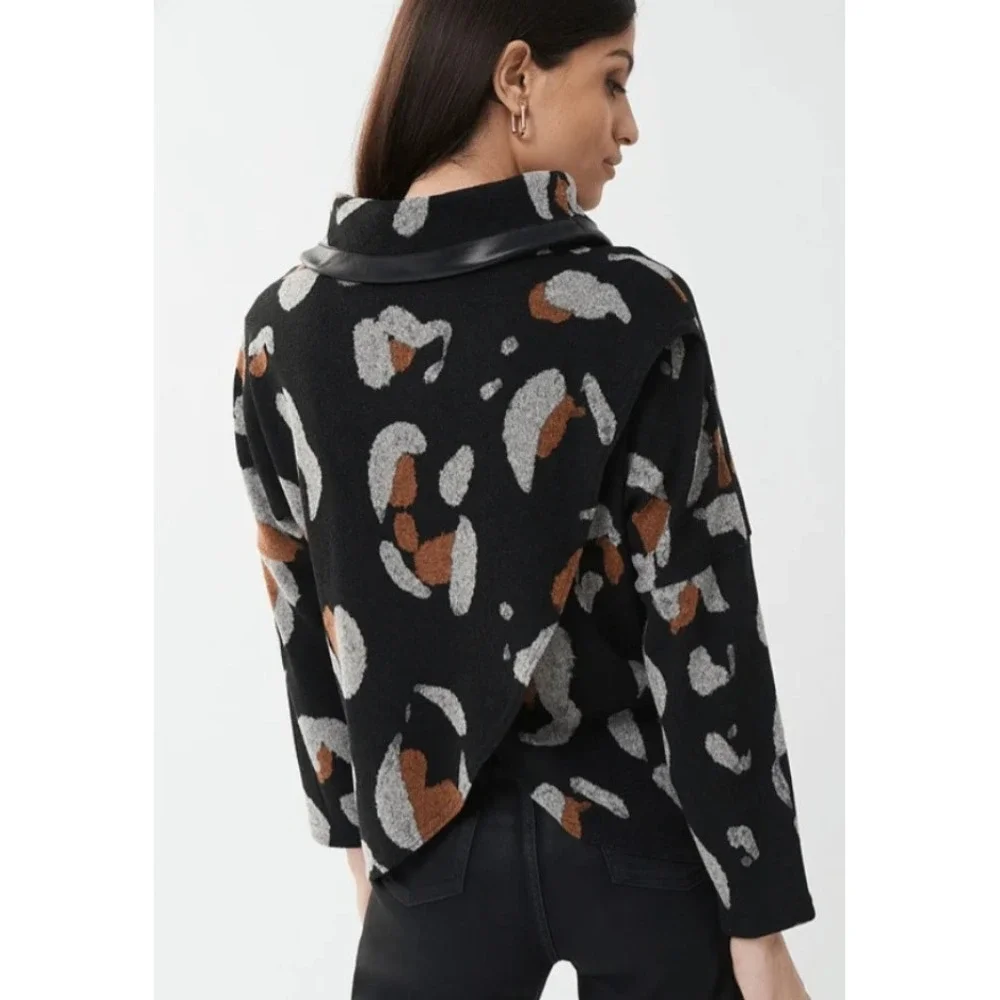 Joseph‎ Ribkoff Animal Print Cowl Neck Sweater Sz 10 Faux Leather Trim Mob Wife